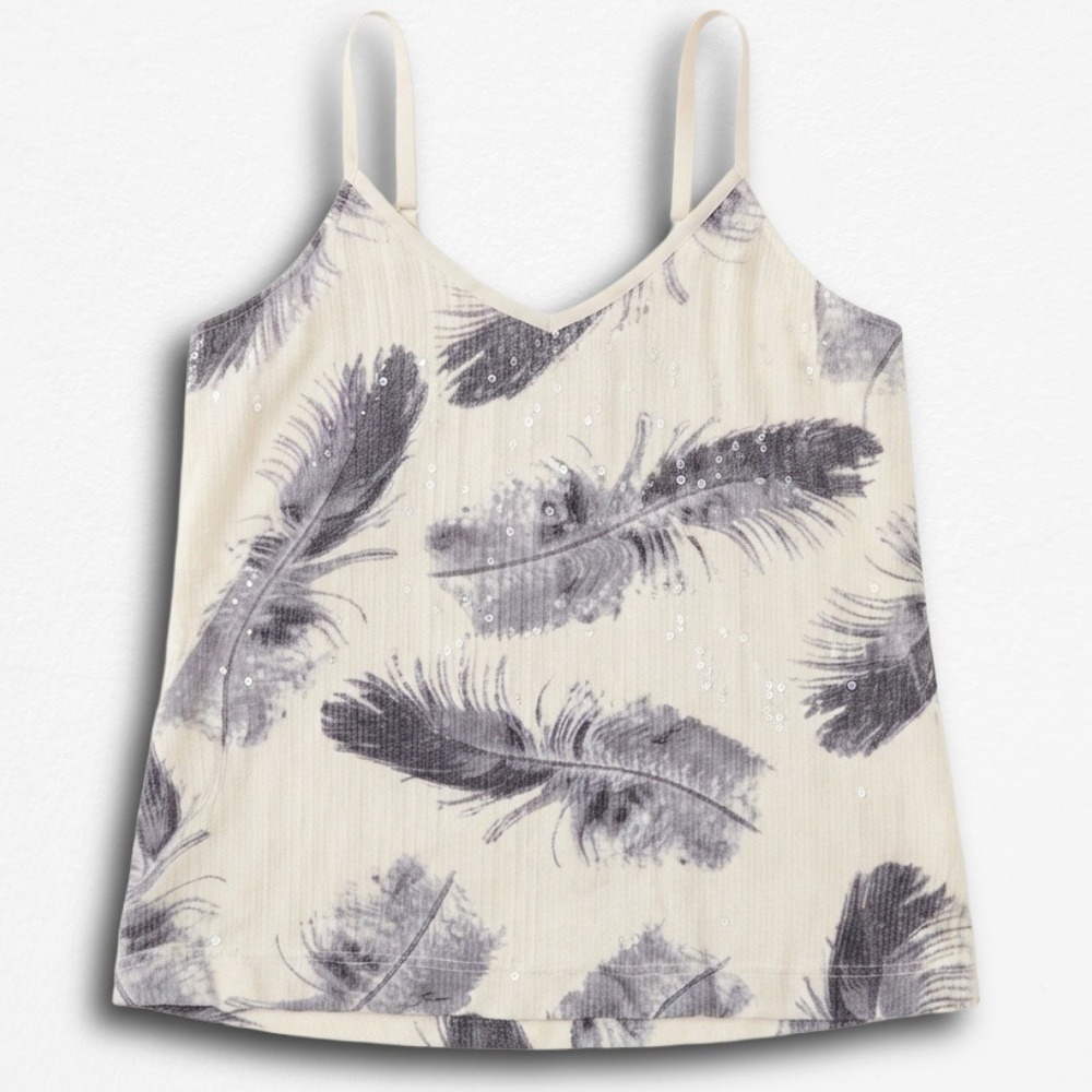 Kimchi Blue Womens Feather Print Sequin Camisole Top Cream Grey V-Neck Small